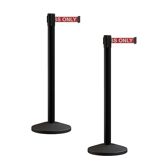 Crowd Control Warehouse CCW Series RBB-100 - Set of 2 Stanchion Retractable Belt Barriers - 11 Foot, Red"Authorized Access ONLY" White Letters Belt with Black Post - Easy Assembly