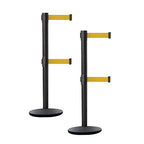 Crowd Control Warehouse CCW Set of 2 Dual Retractable Belt Barrier Stanchion, Cast Iron Base Black Post, IRBB-100D (9 Belt, Yellow Belt)