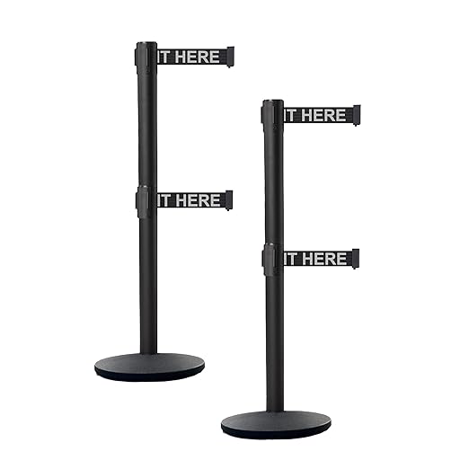 Crowd Control Warehouse CCW Set of 2 Dual Retractable Belt Barrier Stanchion, Cast Iron Base Black Post, IRBB-100D (11 Belt, Black with"Please Wait HERE" White Letters Belt)