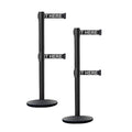 Crowd Control Warehouse CCW Set of 2 Dual Retractable Belt Barrier Stanchion, Cast Iron Base Black Post, IRBB-100D (11 Belt, Black with"Please Wait HERE" White Letters Belt)