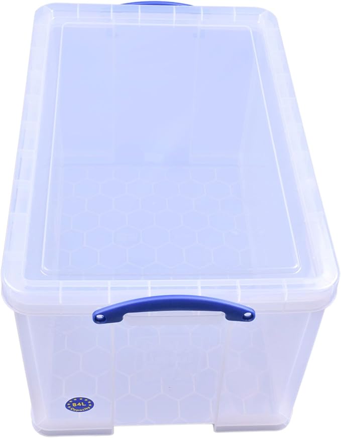 Really Useful Box 84 Liters Storage Container with Snap Lid and Clip Lock Handle for Lidded Home and Item Storage Bins, 6 Pack, Clear