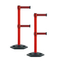 Montour Line MSR630D Set of 2 Retractable Belt Barrier Stanchion, Heavy-Duty Rubber Base, Red Post (7.5 ft Maroon Dual Belt)