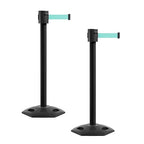 Montour Line MSR760 Set of 2 Retractable Belt Barrier Stanchion, Rubber Base, Black Powder Coated Post (35 ft Light Green Belt)