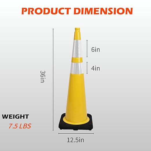 6 Pack 36 Inch Yellow Heavy Duty Traffic Cones Black Base Stable, Professional Use for Highway Safety, Parking Management, Work Zones (6, Yellow, 36 Inch)