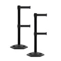 CCW Series WBB-200D - Set of 2 Retractable Dual Belt Barrier Stanchion, Heavy Duty Rubber Base, Black Post (7.5 Foot Belt, Black Belt)