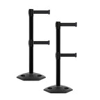 CCW Series WBB-200D - Set of 2 Retractable Dual Belt Barrier Stanchion, Heavy Duty Rubber Base, Black Post (7.5 Foot Belt, Black Belt)