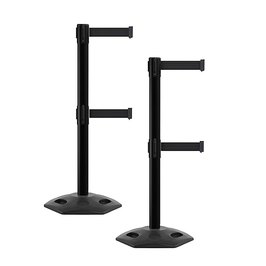 CCW Series WBB-200D - Set of 2 Retractable Dual Belt Barrier Stanchion, Heavy Duty Rubber Base, Black Post (9 Foot Belt, Black Belt)