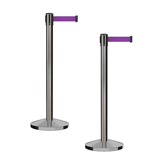 CCW Series RBB-100 - Set of 2 Stanchion Retractable Belt Barriers (11 Foot Belt, Purple Belt with Satin Stainless Steel Post)