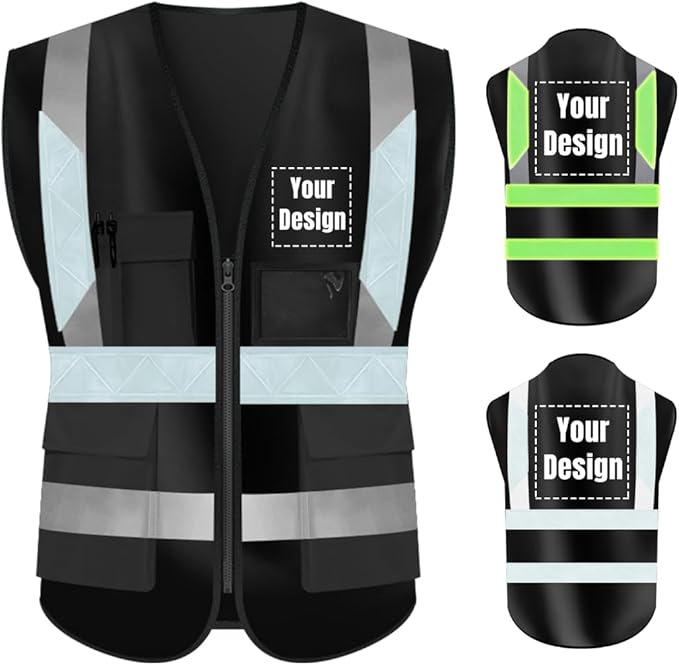 YOWESHOP High Visibility Safety Vest Custom Your Logo Protective Workwear 5 Pockets With Reflective Strips Outdoor Work Vest (4XL, Black Luminous)