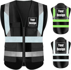 YOWESHOP High Visibility Safety Vest Custom Your Logo Protective Workwear 5 Pockets With Reflective Strips Outdoor Work Vest (L, Black Luminous)