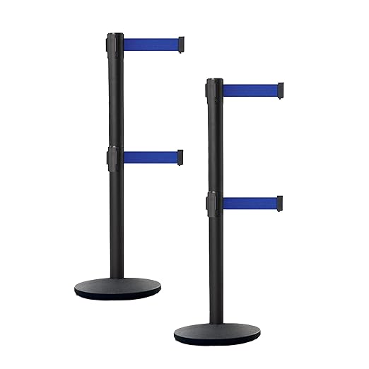 Crowd Control Warehouse CCW Set of 2 Dual Retractable Belt Barrier Stanchion, Cast Iron Base Black Post, IRBB-100D (9 Belt, Dark Blue Belt)