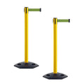 CCW Series WBB-200 Set of 2 Outdoor Safety Rubber Base Stanchion Retractable Belt Barriers - Easy to Assemble, No Tools Required (11 Foot Belt, Olive Belt with Yellow Post)