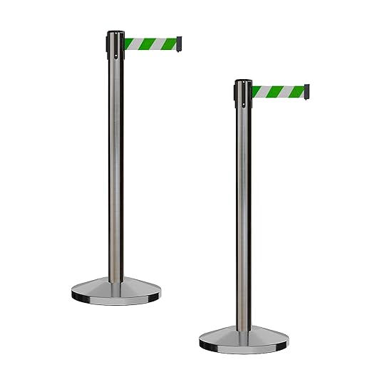 CCW Series RBB-100 - Set of 2 Stanchion Retractable Belt Barriers (11 Foot Belt, Green and White Diagonal Belt with Satin Stainless Steel Post)