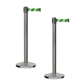 CCW Series RBB-100 - Set of 2 Stanchion Retractable Belt Barriers (11 Foot Belt, Green and White Diagonal Belt with Satin Stainless Steel Post)
