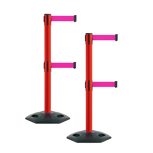Montour Line MSR630D Set of 2 Retractable Belt Barrier Stanchion, Heavy-Duty Rubber Base, Red Post (9 ft Fluorescent Pink Dual Belt)