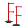 Montour Line MSR630D Set of 2 Retractable Belt Barrier Stanchion, Heavy-Duty Rubber Base, Red Post (9 ft Fluorescent Pink Dual Belt)