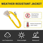 3-Outlets Indoor Outdoor Extension Cord Weatherproof with Lighted End, UL Listed, 10 Gauge 10FT Yellow 3 Prong Heavy Duty, 10/3 SJTW 15A Extension Cord