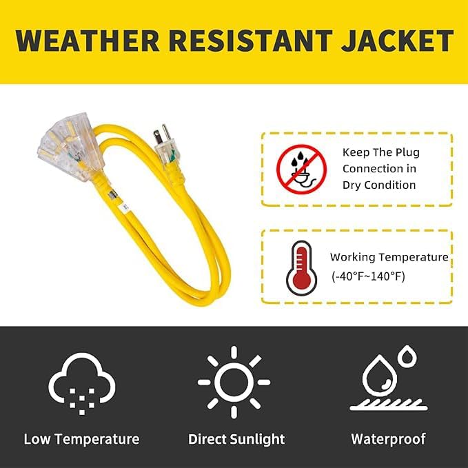 3-Outlets Indoor Outdoor Extension Cord Weatherproof with Lighted End, UL Listed, 10 Gauge 6FT Yellow 3 Prong Heavy Duty, 10/3 SJTW 15A Power Cord