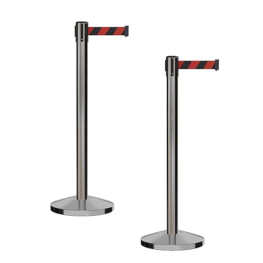 CCW Series RBB-100 - Set of 2 Stanchion Retractable Belt Barriers (7.5 Foot Belt, Black and Red Diagonal Belt with Satin Stainless Steel Post)