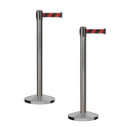 CCW Series RBB-100 - Set of 2 Stanchion Retractable Belt Barriers (7.5 Foot Belt, Black and Red Diagonal Belt with Satin Stainless Steel Post)