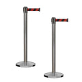 CCW Series RBB-100 - Set of 2 Stanchion Retractable Belt Barriers (11 Foot Belt, Black and Red Diagonal Belt with Satin Stainless Steel Post)