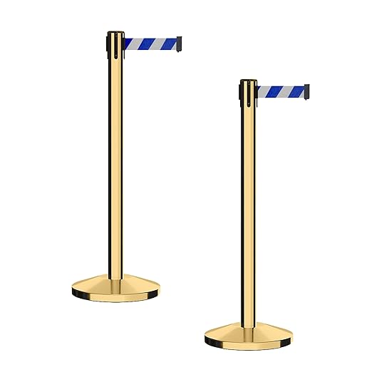CCW Series RBB-100 - Set of 2 Stanchion Retractable Belt Barriers (9 Foot Belt, Blue and White Diagonal Belt with Polished Brass Post)