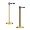 CCW Series RBB-100 - Set of 2 Stanchion Retractable Belt Barriers (9 Foot Belt, Blue and White Diagonal Belt with Polished Brass Post)