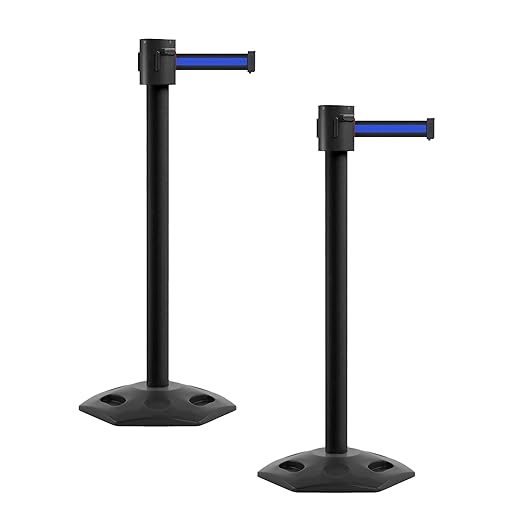 Montour Line MSR760 Set of 2 Retractable Belt Barrier Stanchion, Rubber Base, Black Powder Coated Post (35 ft Black with Horizontal Blue Stripe Belt)