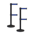 Crowd Control Warehouse CCW Series RBB-100D Set of 2 Stanchion Retractable Belt Barriers - Sloped Base, 9 Foot, Black with Horizontal Blue Stripe Dual Belt with Black Post - Easy Assembly