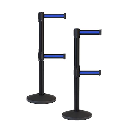 Crowd Control Warehouse CCW Series RBB-100D Set of 2 Stanchion Retractable Belt Barriers - Sloped Base, 7.5 Foot, Black with Horizontal Blue Stripe Dual Belt with Black Post - Easy Assembly