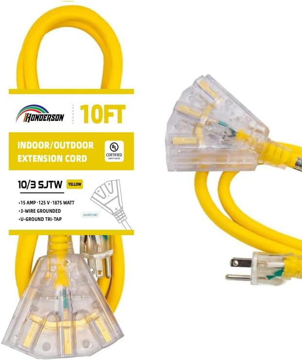 3-Outlets Indoor Outdoor Extension Cord Weatherproof with Lighted End, UL Listed, 10 Gauge 10FT Yellow 3 Prong Heavy Duty, 10/3 SJTW 15A Extension Cord