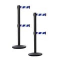 Crowd Control Warehouse CCW Set of 2 Dual Retractable Belt Barrier Stanchion, Cast Iron Base Black Post, IRBB-100D (7.5 Belt, Blue and White Diagonal Belt)