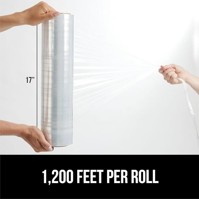 GORILLA GRIP 500% Stretch Film Heavy Duty Plastic, 1200ft Shrink Wrap Roll 17" Puncture Resistant, Industrial Strength for Shipping, Pallet Storing, Moving, Packing Furniture Protection 1 Pack Clear