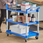 Blue Plastic Utility Bus Cart, 3 Shelves, 32 x 16 Inches, 300 lb Capacity, with Swivel Casters, for Restaurant and Commercial Use