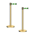 CCW Series RBB-100 - Set of 2 Stanchion Retractable Belt Barriers (11 Foot Belt, Green and White Diagonal Belt with Polished Brass Post)