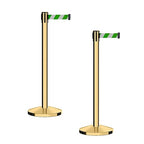 CCW Series RBB-100 - Set of 2 Stanchion Retractable Belt Barriers (11 Foot Belt, Green and White Diagonal Belt with Polished Brass Post)