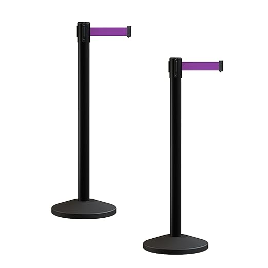 Crowd Control Warehouse CCW Series RBB-100 - Set of 2 Stanchion Retractable Belt Barriers - 9 Foot, Purple Belt with Black Post - Easy Assembly