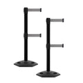 CCW Series WBB-200D - Set of 2 Retractable Dual Belt Barrier Stanchion, Heavy Duty Rubber Base, Black Post (9 Foot Belt, Light Grey Belt)
