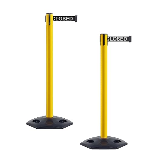 CCW Series WBB-200 Set of 2 Outdoor Safety Rubber Base Stanchion Retractable Belt Barriers - Easy to Assemble (11 Foot Belt, Black"This LINE Closed" White Letters Belt with Yellow Post)