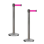 CCW Series RBB-100 - Set of 2 Stanchion Retractable Belt Barriers (7.5 Foot Belt, Fluorescent Pink Belt with Satin Stainless Steel Post)