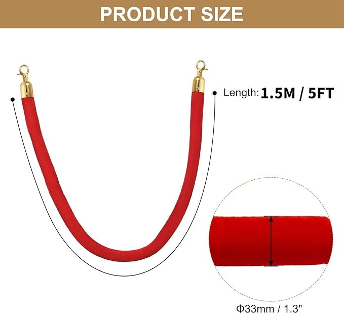 8PCS Gold Stanchion Posts with 5FT Red Velvet Ropes, Stainless Steel Crowd Control Barriers with Ball Tops, Elegant Queue Stanchions for Red Carpet, Party, Wedding, Theater & Exhibition