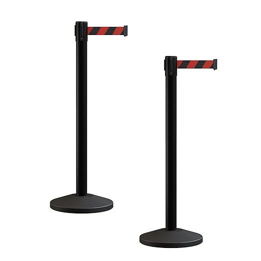 Crowd Control Warehouse CCW Series RBB-100 - Set of 2 Stanchion Retractable Belt Barriers - 9 Foot, Black and Red Diagonal Belt with Black Post - Easy Assembly