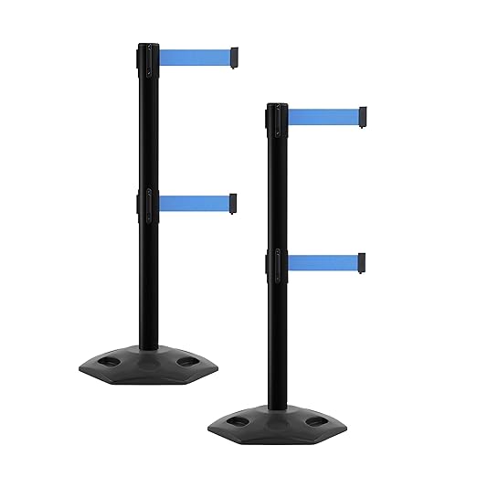CCW Series WBB-200D - Set of 2 Retractable Dual Belt Barrier Stanchion, Heavy Duty Rubber Base, Black Post (11 Foot Belt, Light Blue Belt)