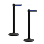 Crowd Control Warehouse CCW Series RBB-100 - Set of 2 Stanchion Retractable Belt Barriers - 9 Foot, Black Horizontal Blue Stripe Belt with Black Post - Easy Assembly