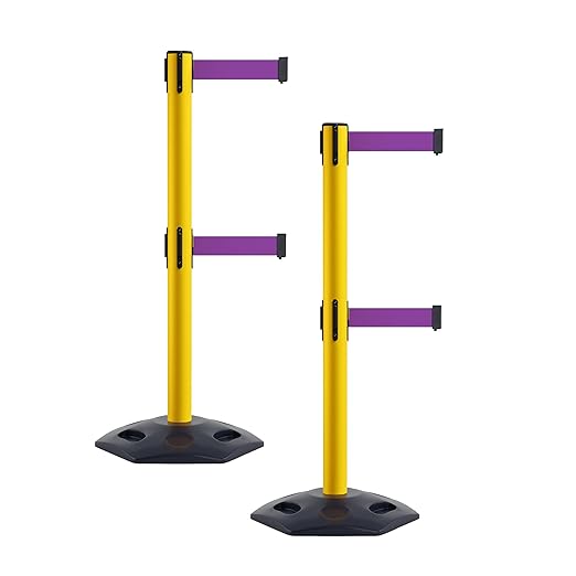 Crowd Control Warehouse CCW Set of 2 Retractable Dual Belt Stanchion Safety Barrier, Heavy-Duty Rubber Base Yellow Post, WBB-200D (7.5 Foot Belt, Purple Belt)