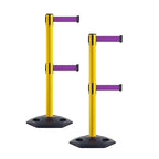 Crowd Control Warehouse CCW Set of 2 Retractable Dual Belt Stanchion Safety Barrier, Heavy-Duty Rubber Base Yellow Post, WBB-200D (11 Foot Belt, Purple Belt)