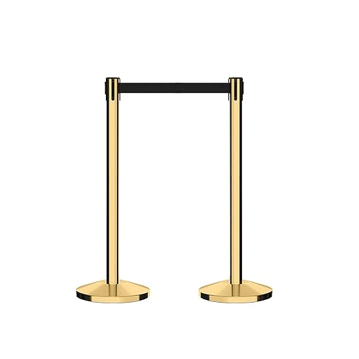 CCW Series RBB-100 - Set of 2 Stanchion Retractable Belt Barriers (9 Foot Belt, Black with"This LINE Closed" White Letters Belt with Polished Brass Post)