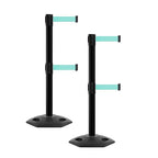 CCW Series WBB-200D - Set of 2 Retractable Dual Belt Barrier Stanchion, Heavy Duty Rubber Base, Black Post (7.5 Foot Belt, Light Green Belt)