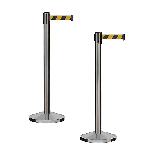 CCW Series RBB-100 - Set of 2 Stanchion Retractable Belt Barriers (7.5 Foot Belt, Black and Yellow Diagonal Belt with Satin Stainless Steel Post)