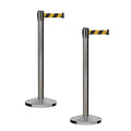 CCW Series RBB-100 - Set of 2 Stanchion Retractable Belt Barriers (11 Foot Belt, Black and Yellow Diagonal Belt with Satin Stainless Steel Post)
